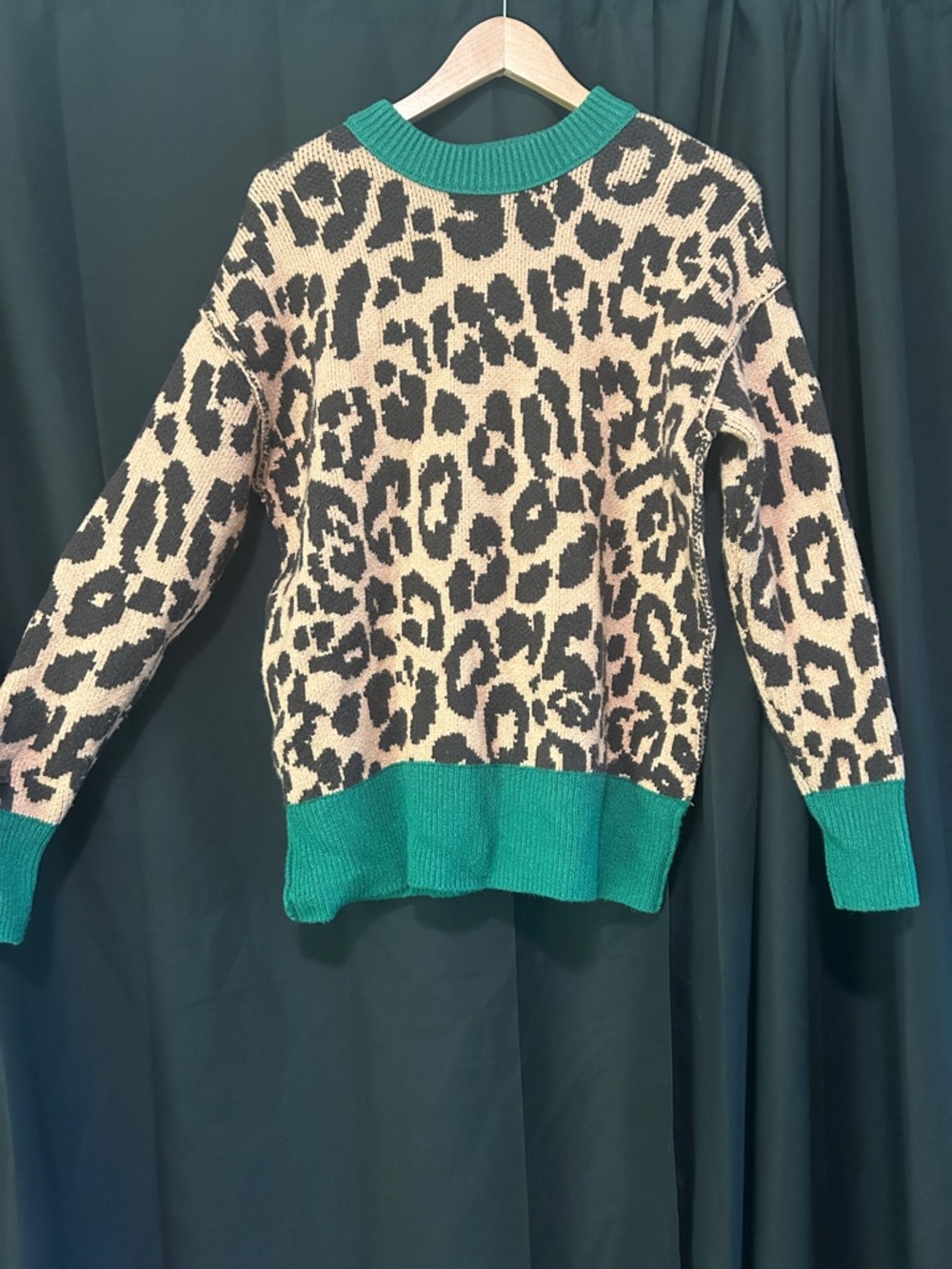 aerie Leopard Print Crewneck Sweater with Green Trim